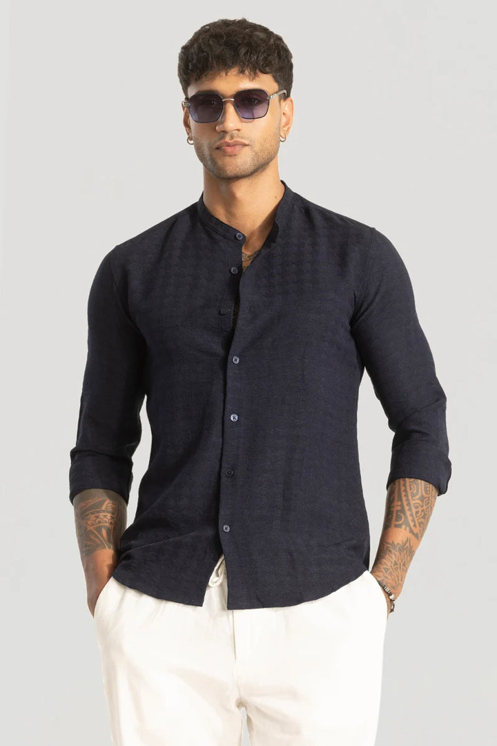 Navy Mandarin Textured Shirt