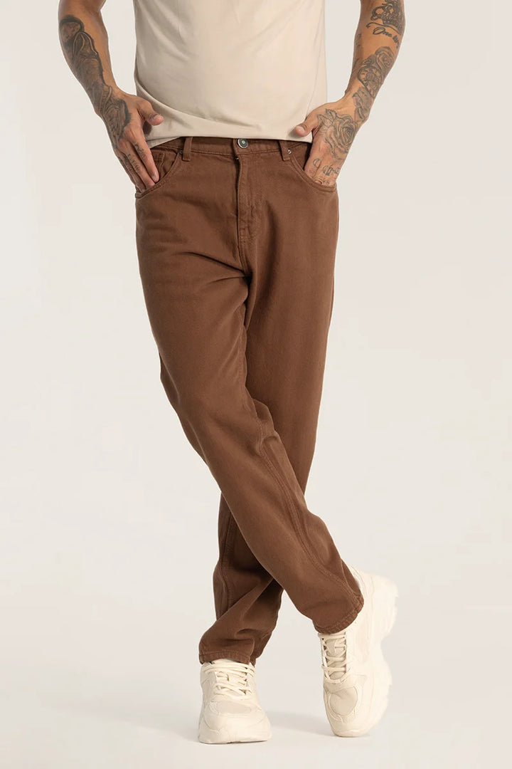 Brown Plain Baggy Fit Jeans