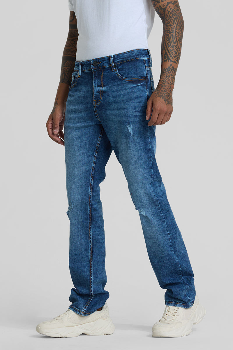 Blue Distressed Straight Fit Jeans