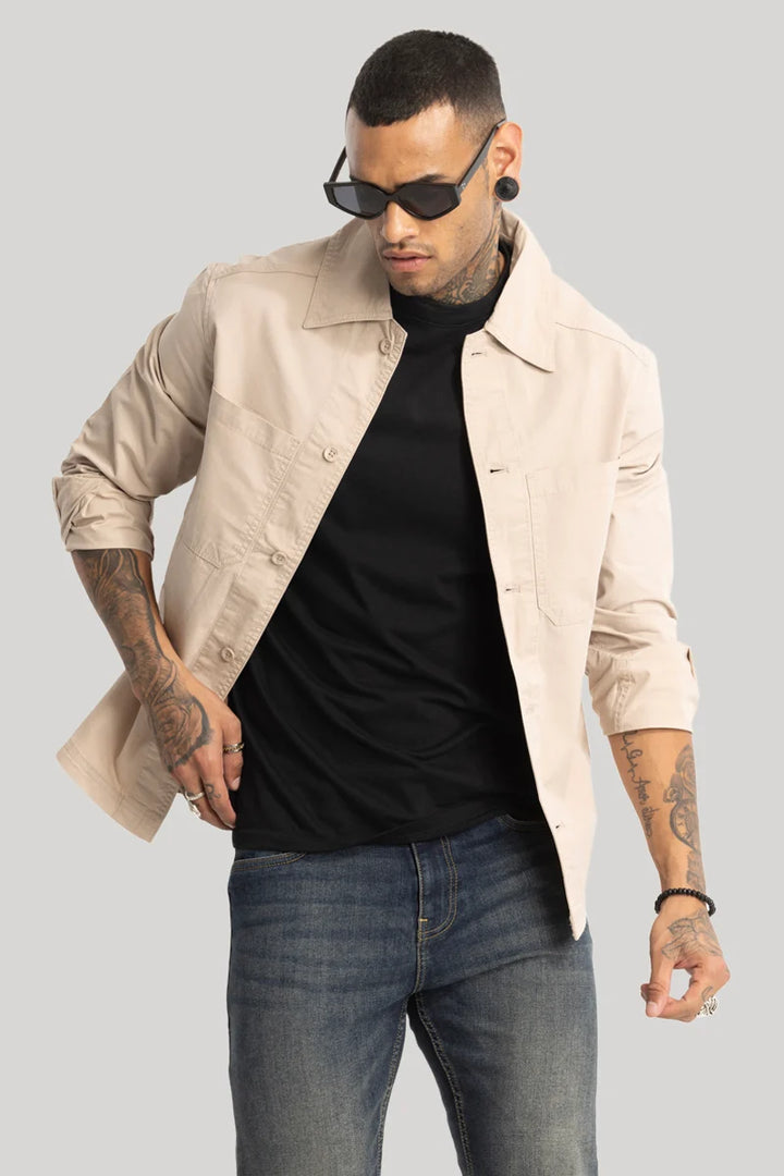 Double Pocket Beige Overshirt