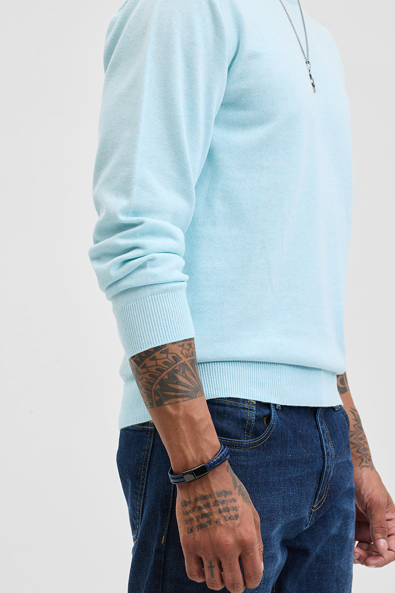 Light Blue Solid Slim Fit Sweater