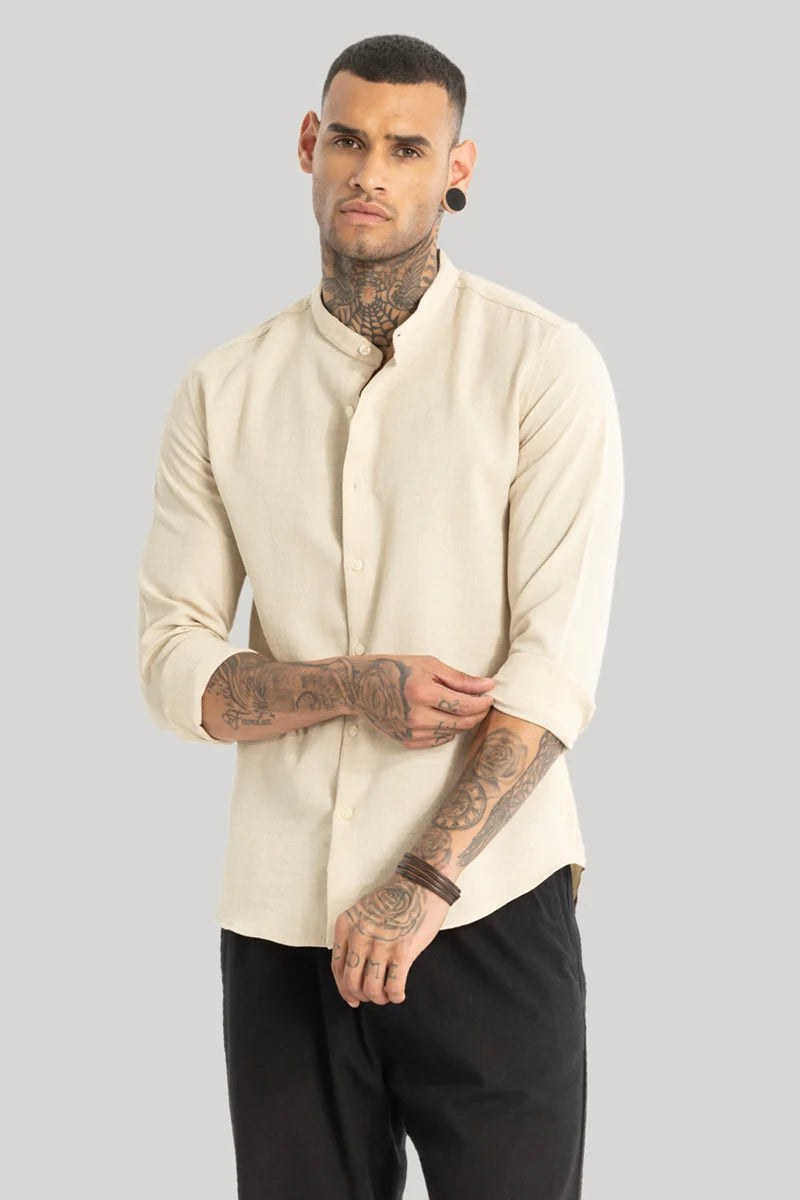 Cream Mandarin Linen Shirt