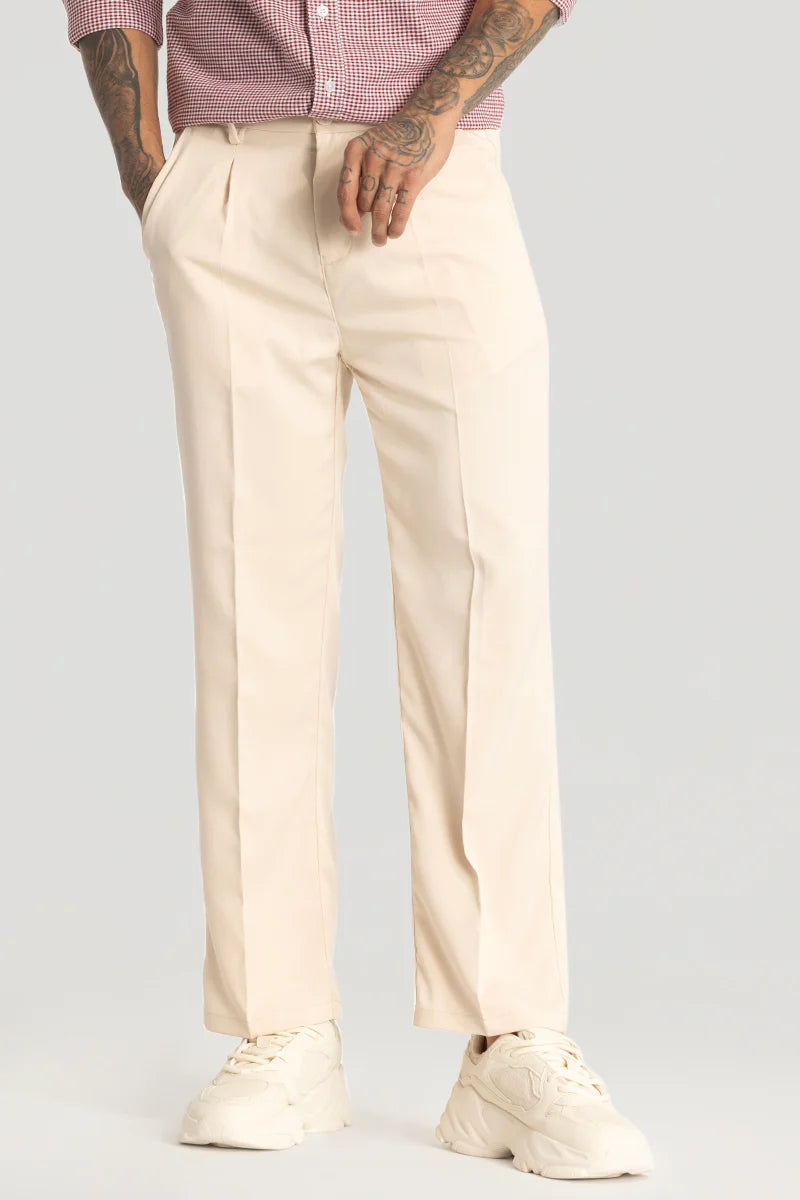 Cream Plain Relaxed Fit Trousers