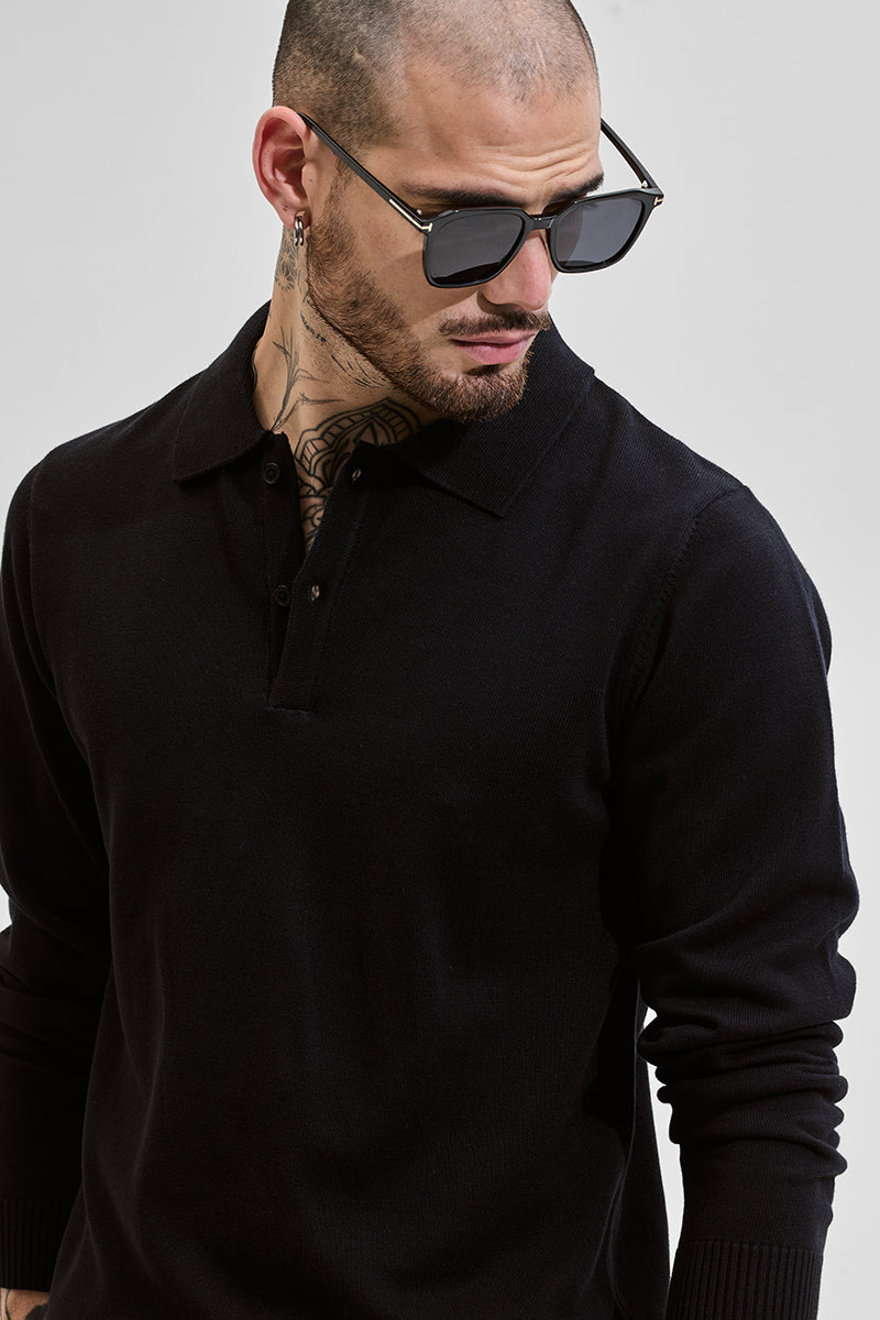 Core Lab Black Slim Fit Knitted Polo T-Shirt