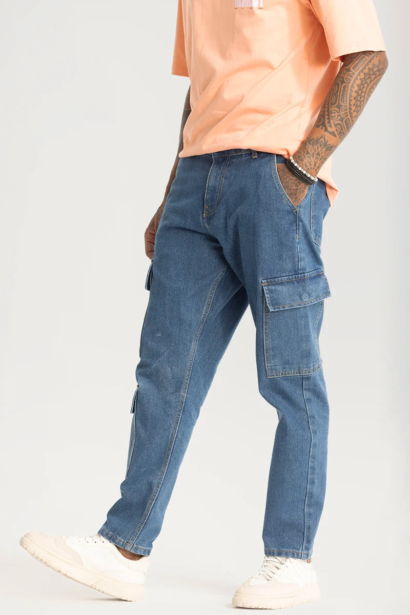 Blue Baggy Fit Cargo Jeans