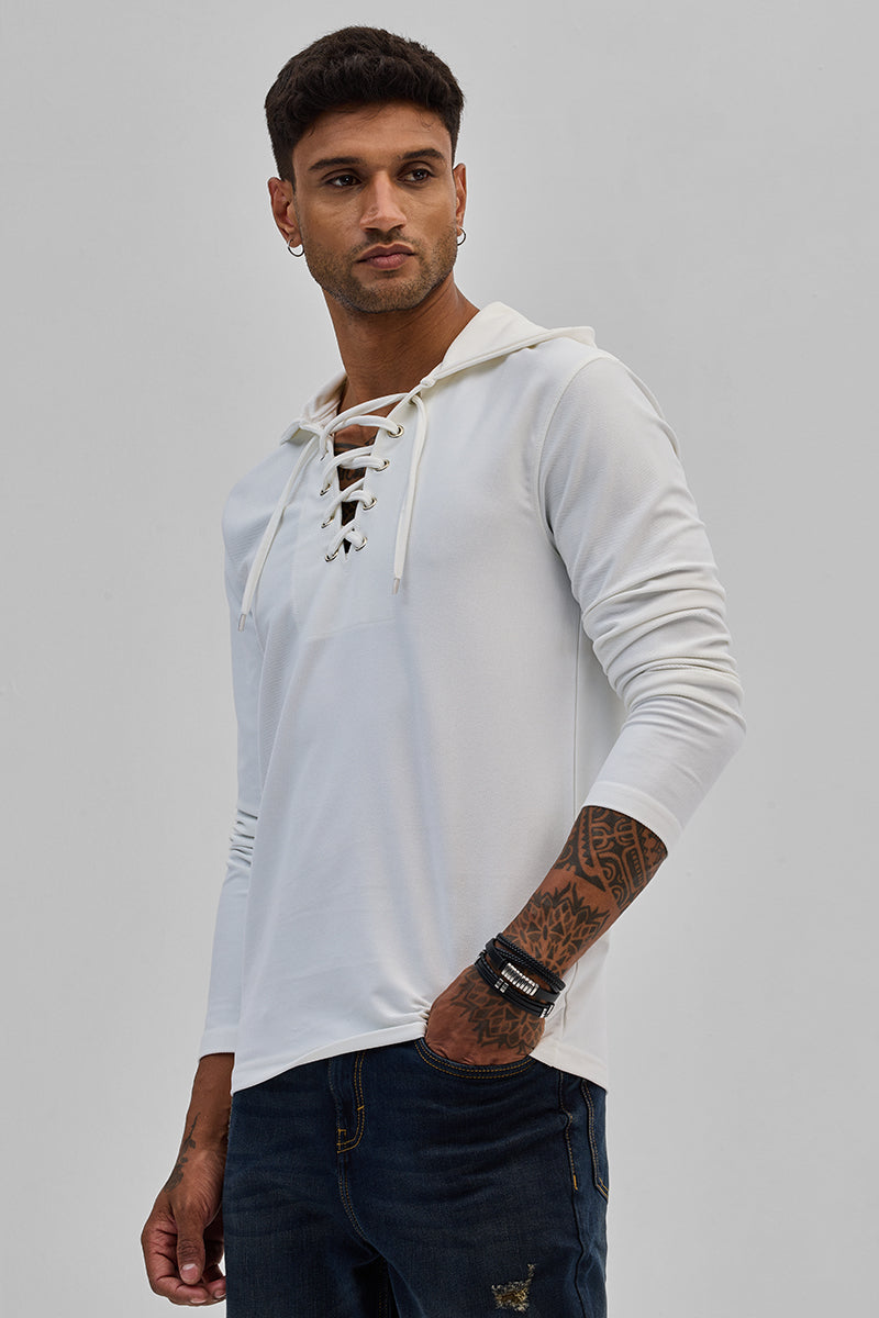 White Lace-Up Textured Hoodie