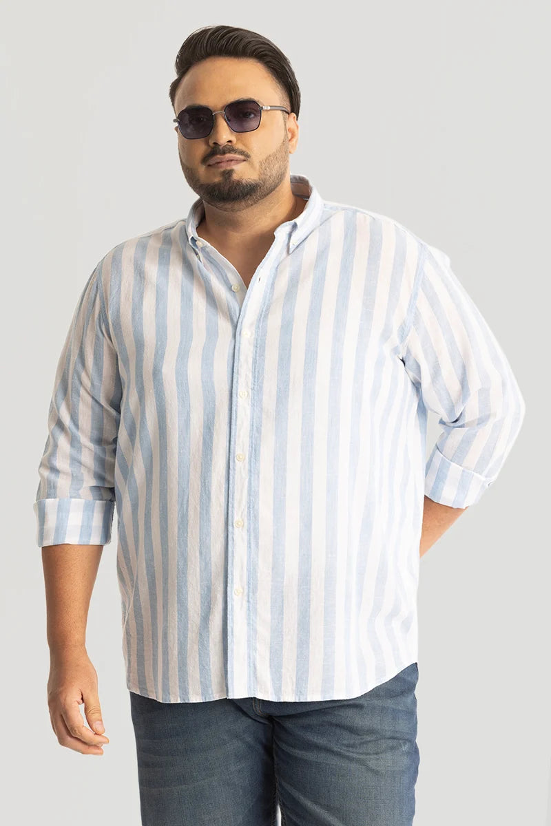 Light Blue Stripes Linen Blend Plus Size Shirt