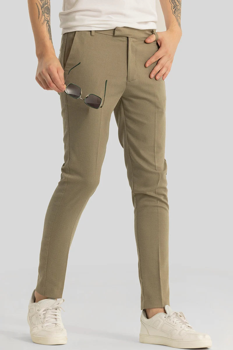 Yann Khaki Plain Slim Fit Trousers