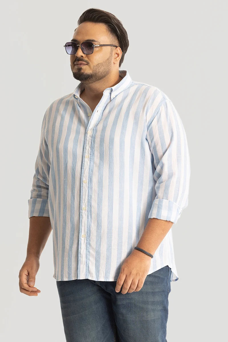 Light Blue Stripes Linen Blend Plus Size Shirt