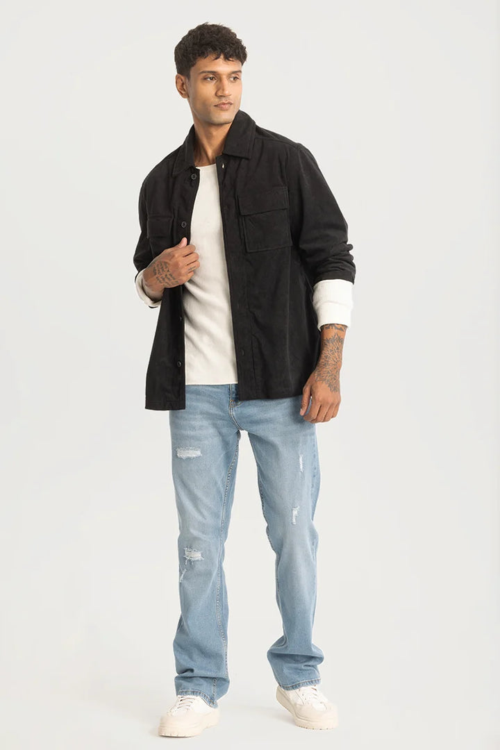 Black Suede Double Pocket Overshirt