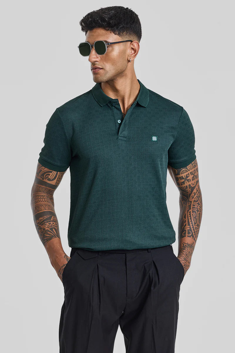 Dark Green Textured Polo T-Shirt