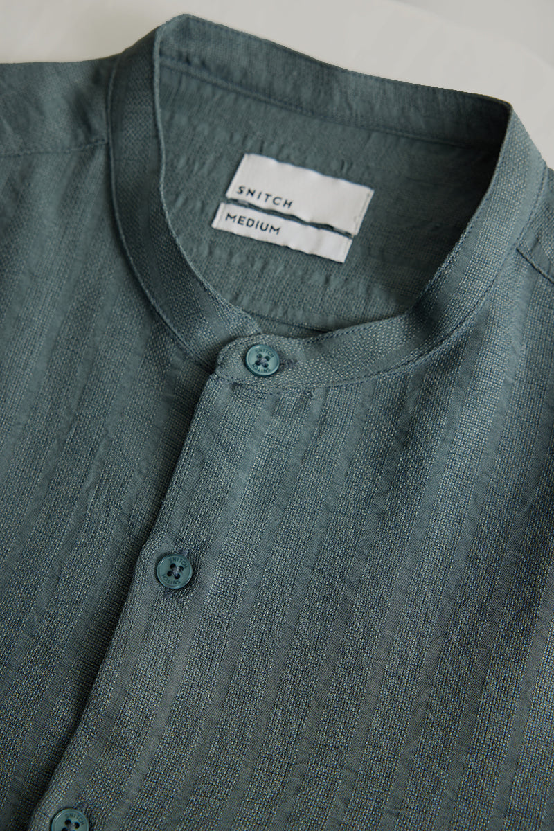 Teal Mandarin Self Stripe Shirt