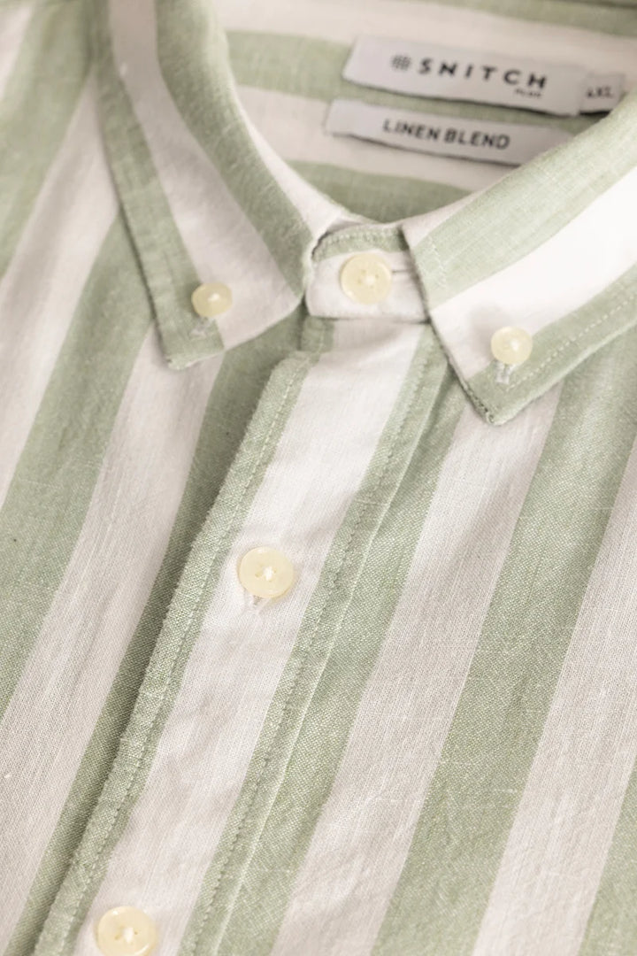 Light Green Stripes Linen Blend Plus Size Shirt