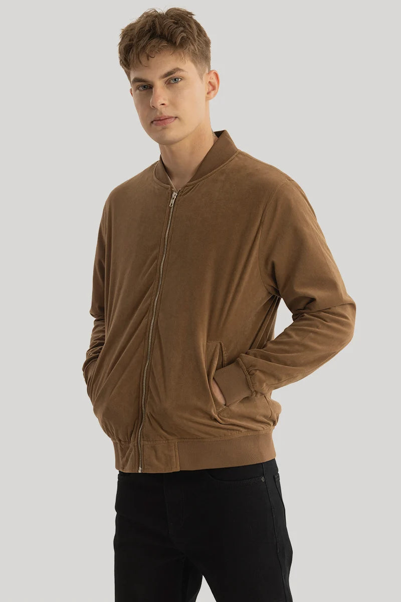 SleekSuede Brown Plain Bomber Jacket