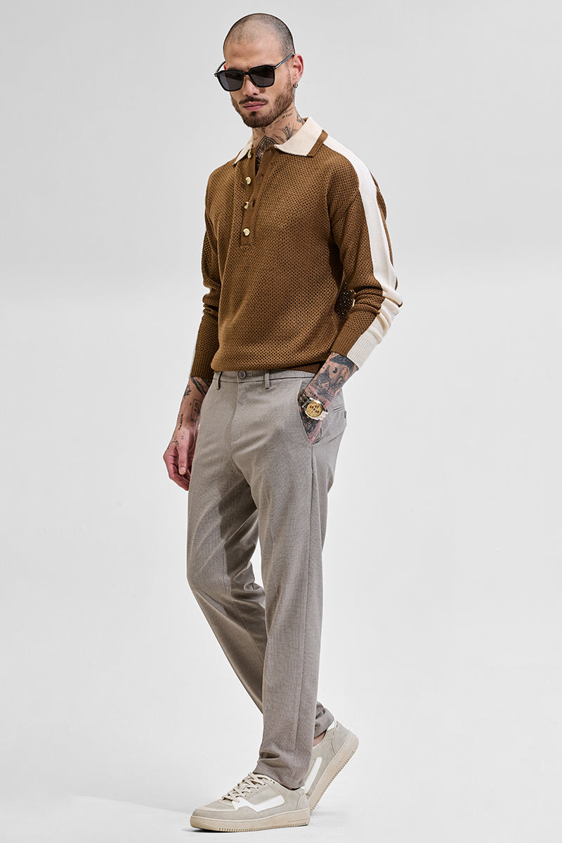 Brown Colourblocked Knitted Polo T-Shirt