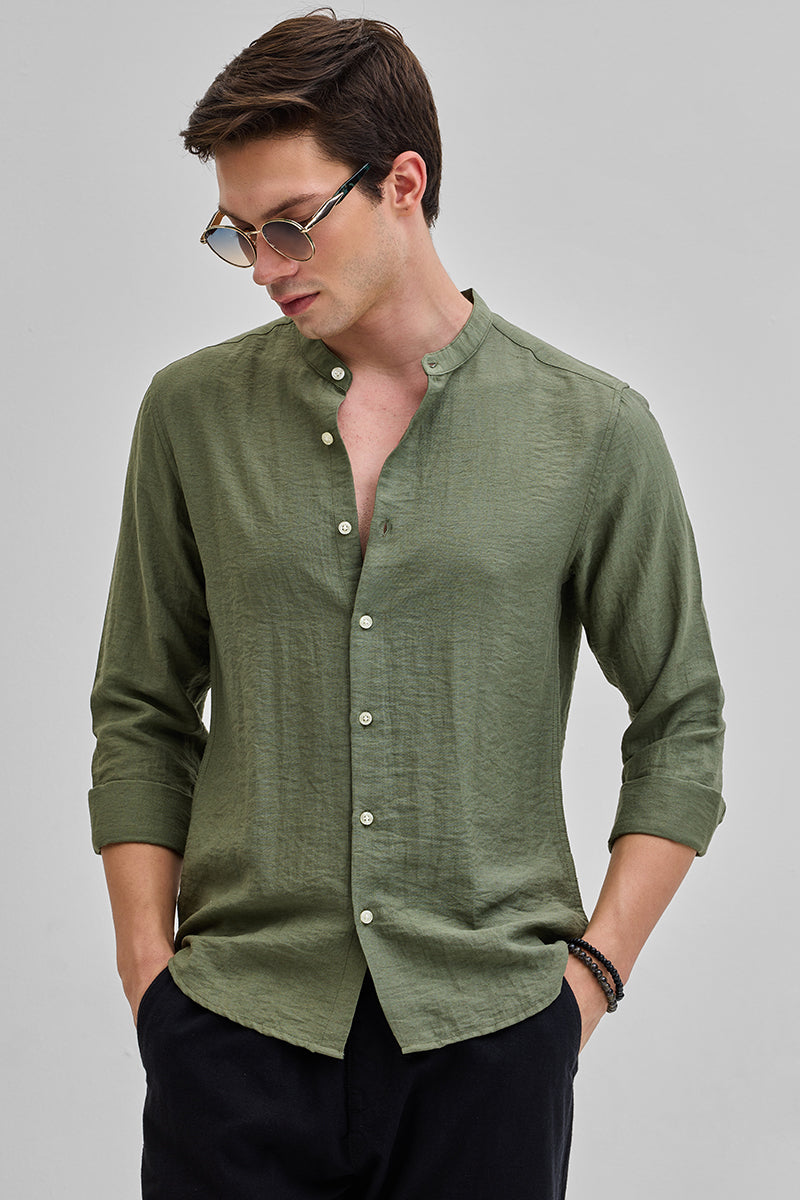 Olive Mandarin Linen Blend Shirt