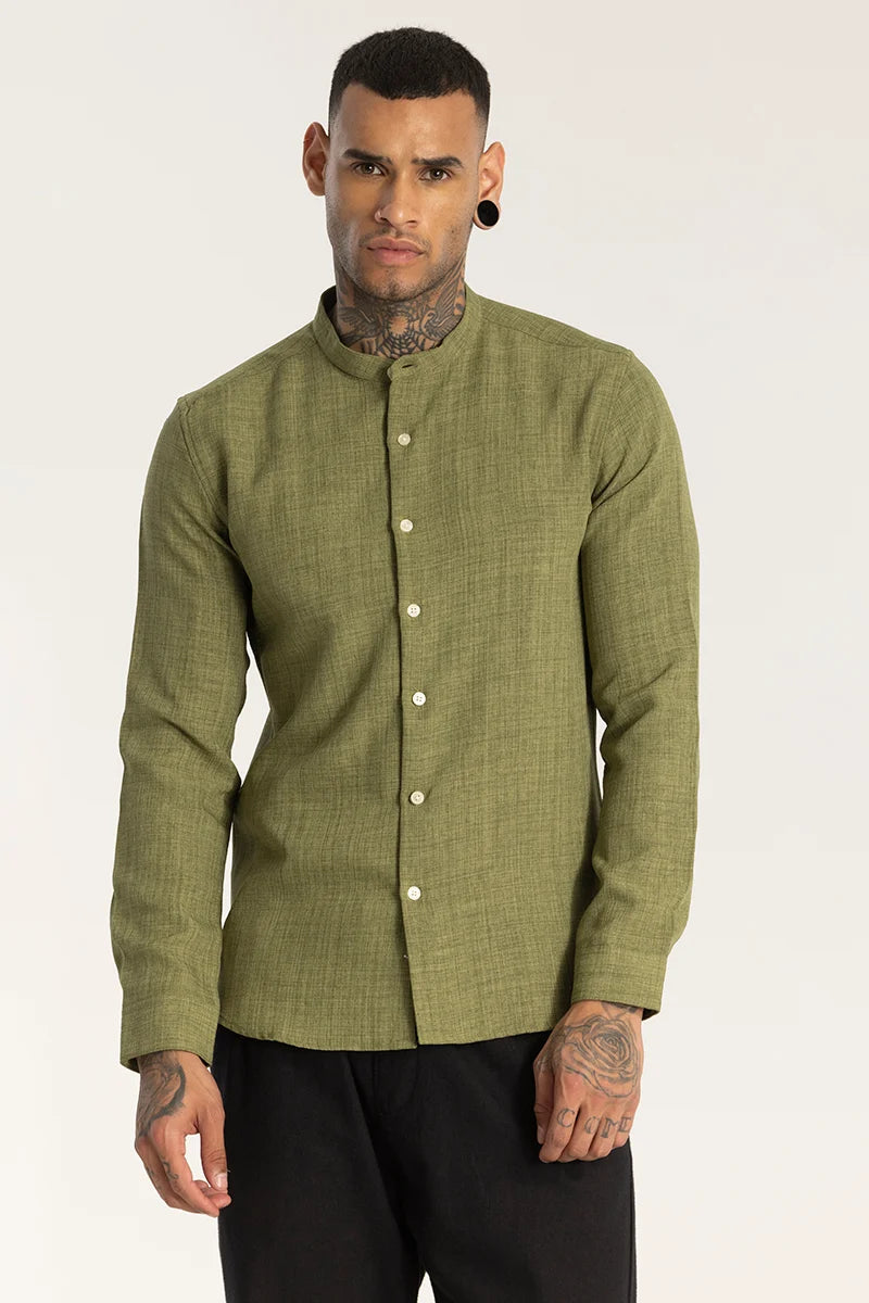 Green Mandarin Linen Shirt