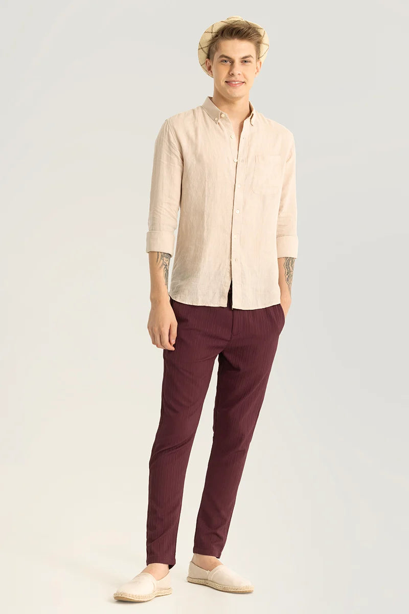 Elementary Beige Plain Pure Linen Shirt