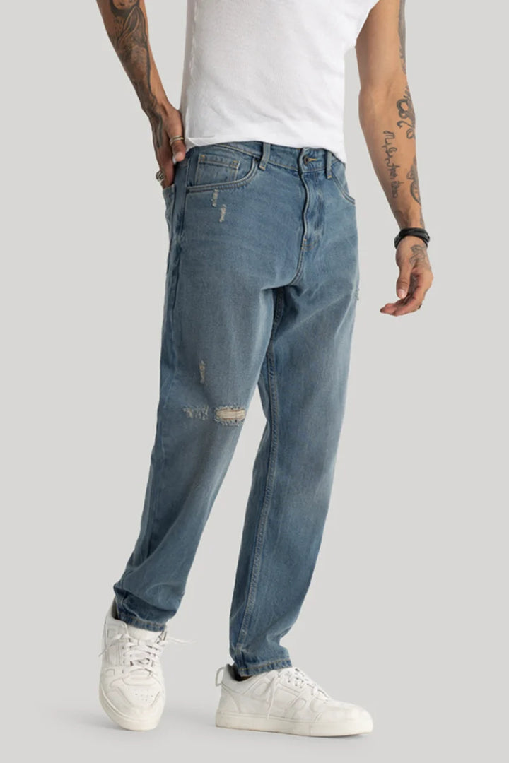 Blue Distressed Baggy Fit Jeans