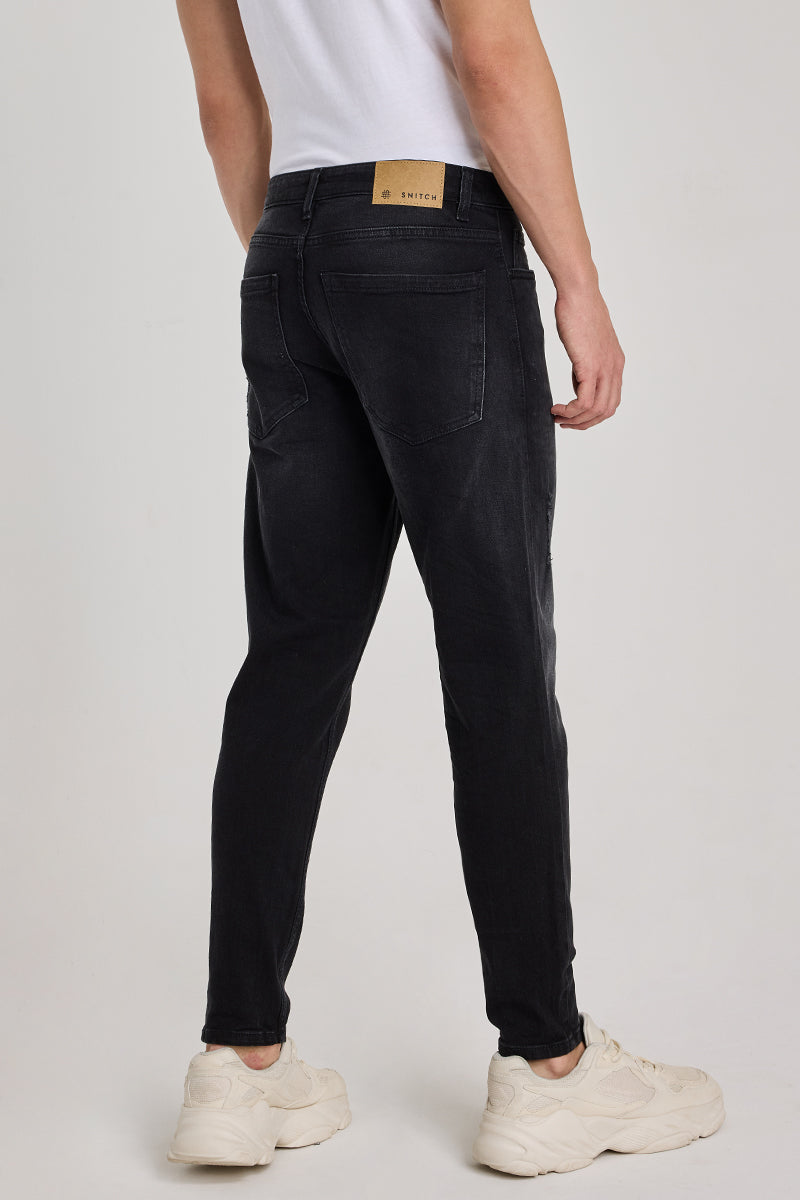 Black Distressed Tapered Fit Jeans