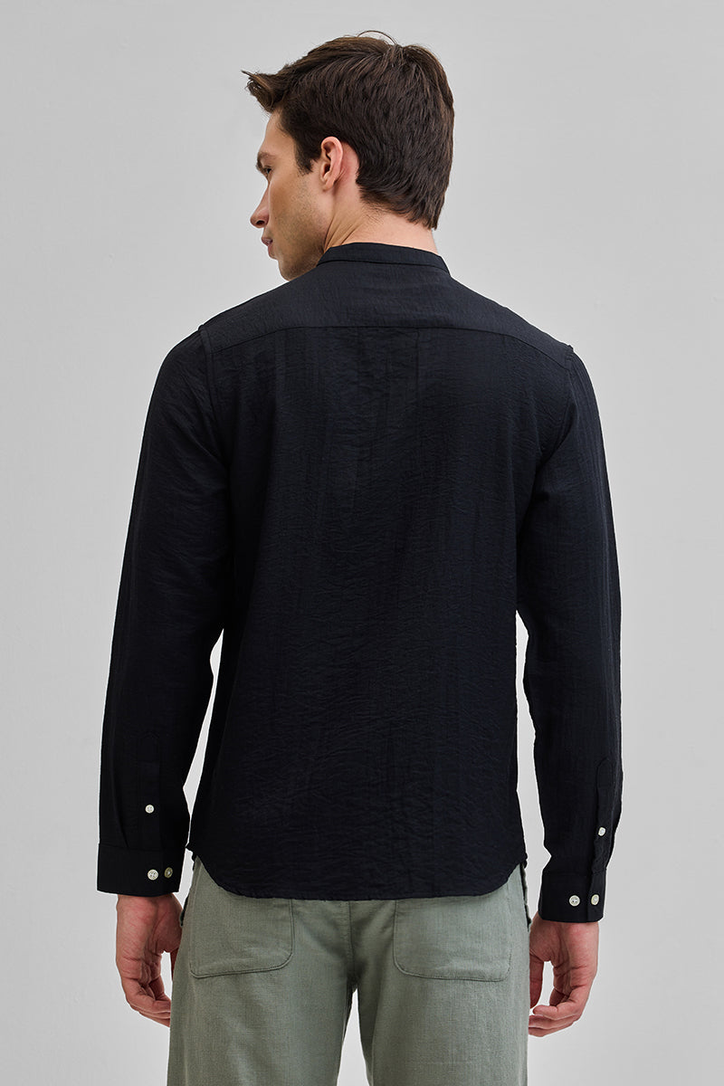 Black Mandarin Linen Blend Shirt