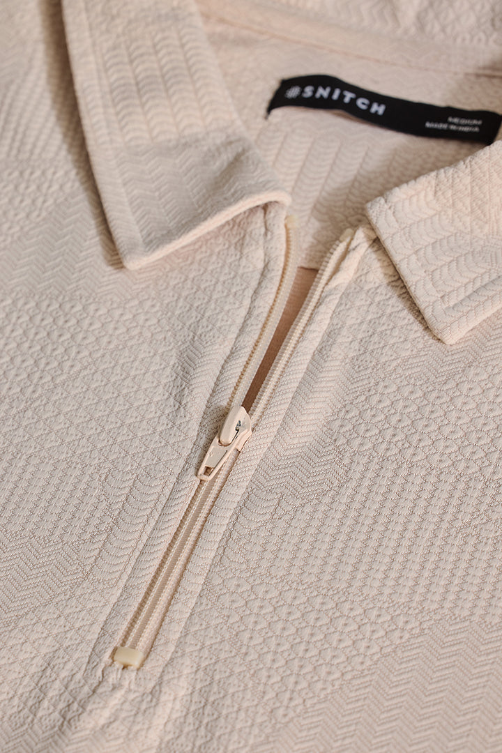 Beige Zipper Textured Polo T-Shirt