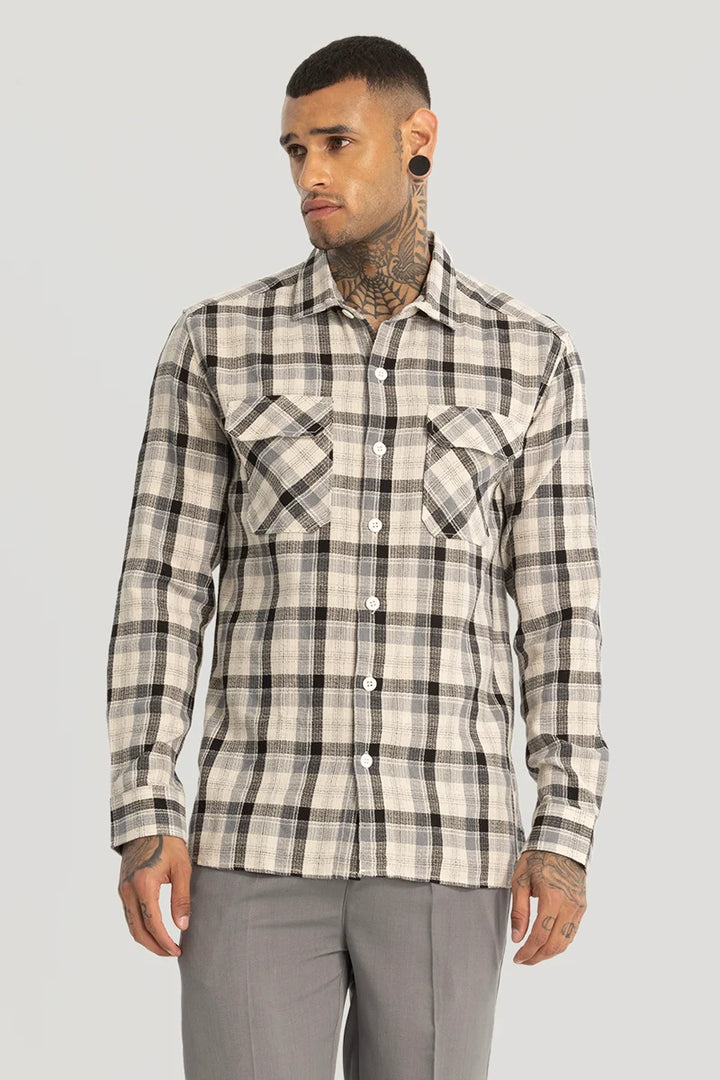 Cream Double Pocket Checks shirt