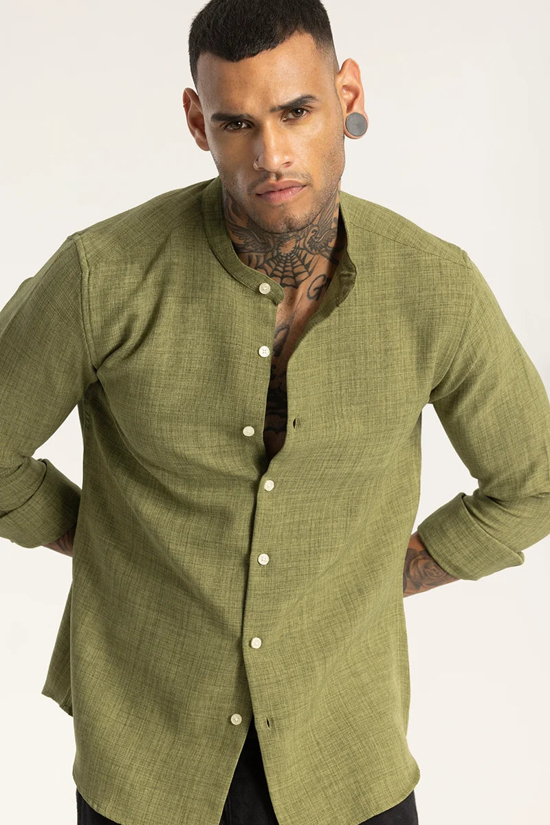 Green Mandarin Linen Shirt