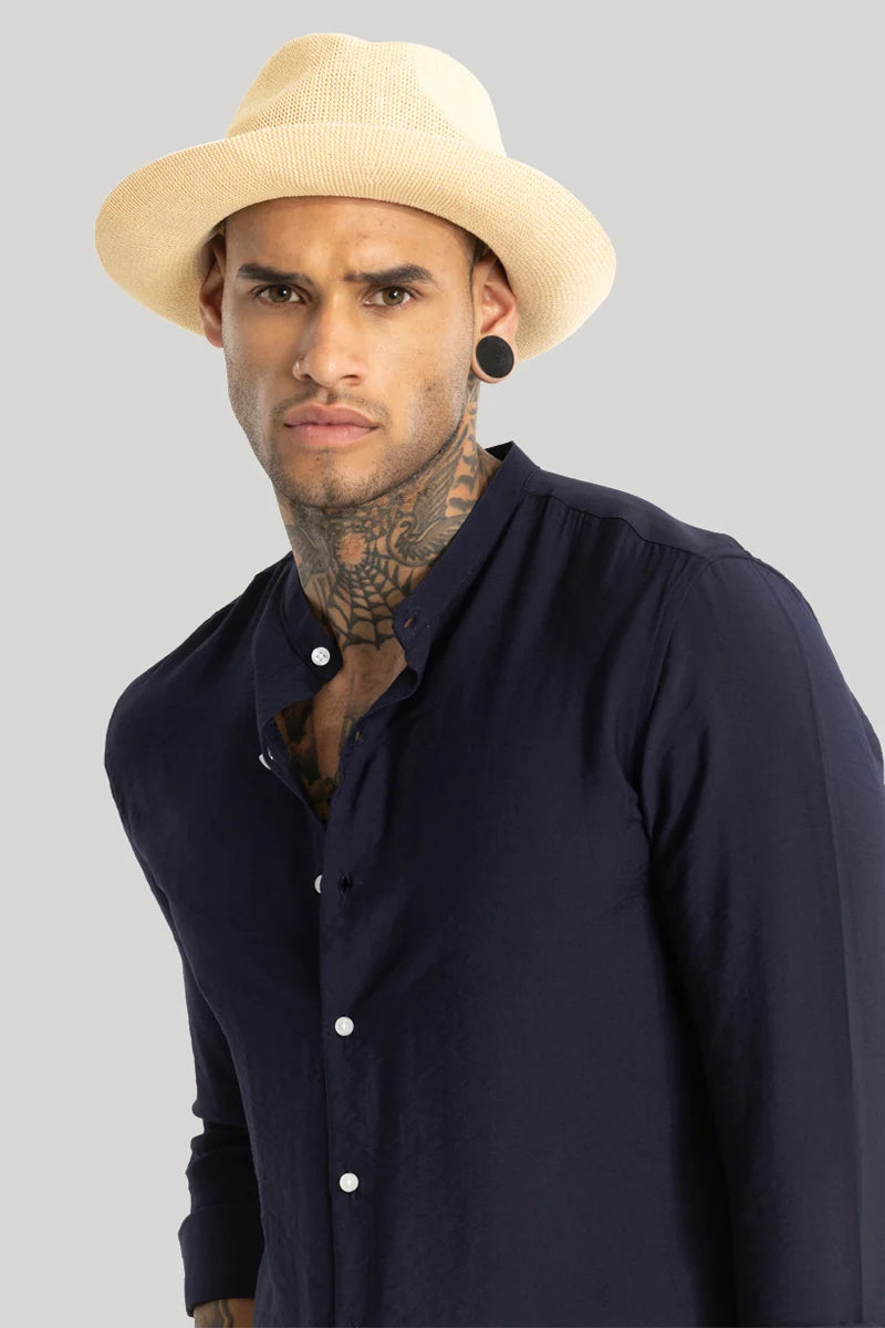 Navy Crushed Mandarin Collar Shirt