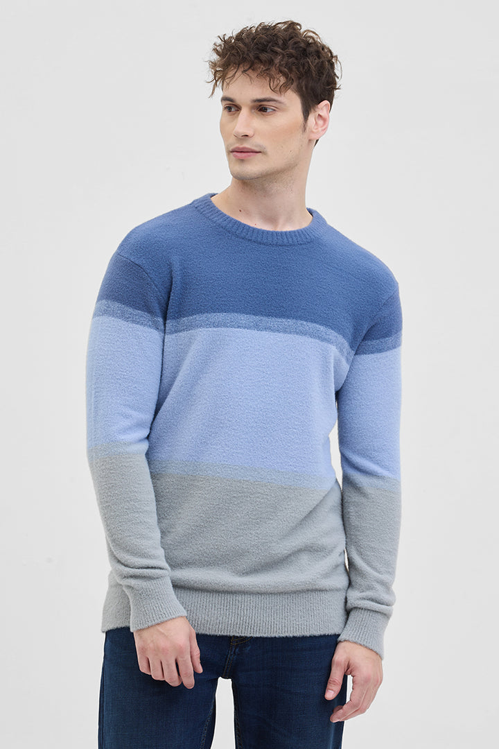 Blue Colourblocked Relaxed Fit Sweater