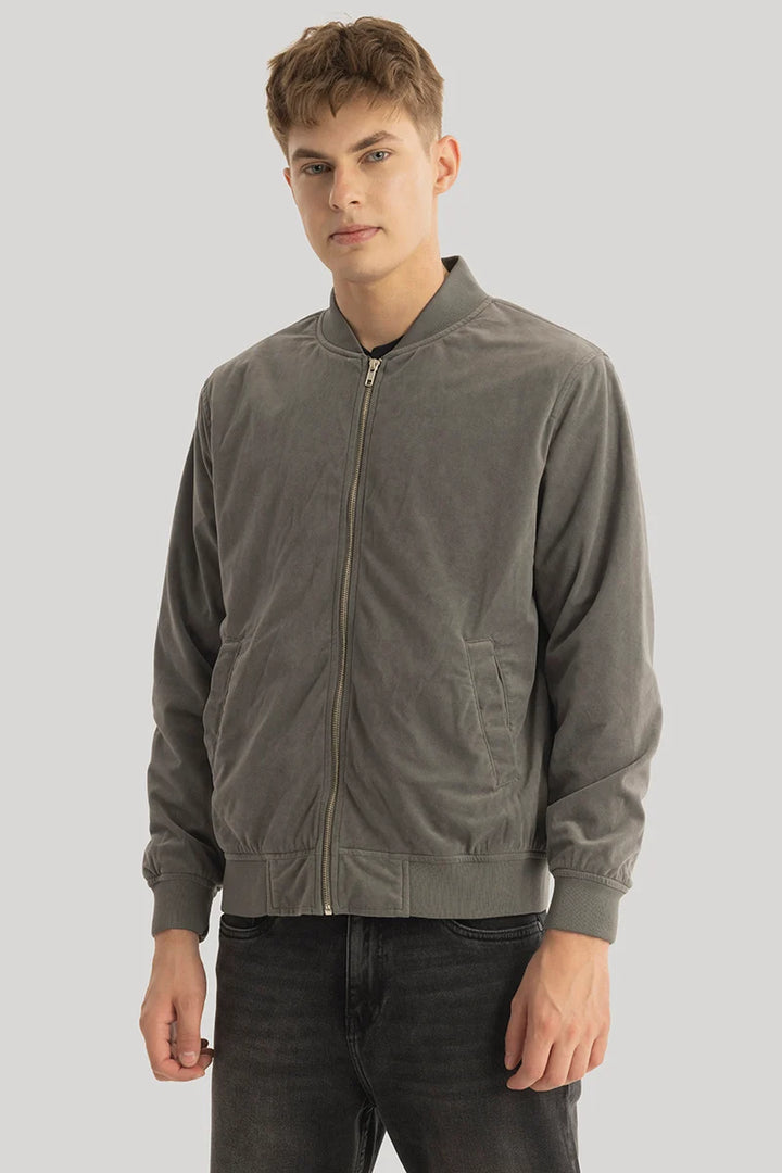 SleekSuede Grey Plain Bomber Jacket