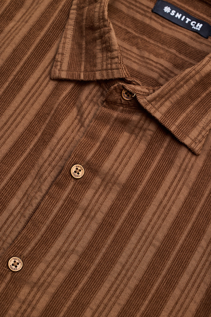 Brown Stripes Corduroy Plus Size Shirt