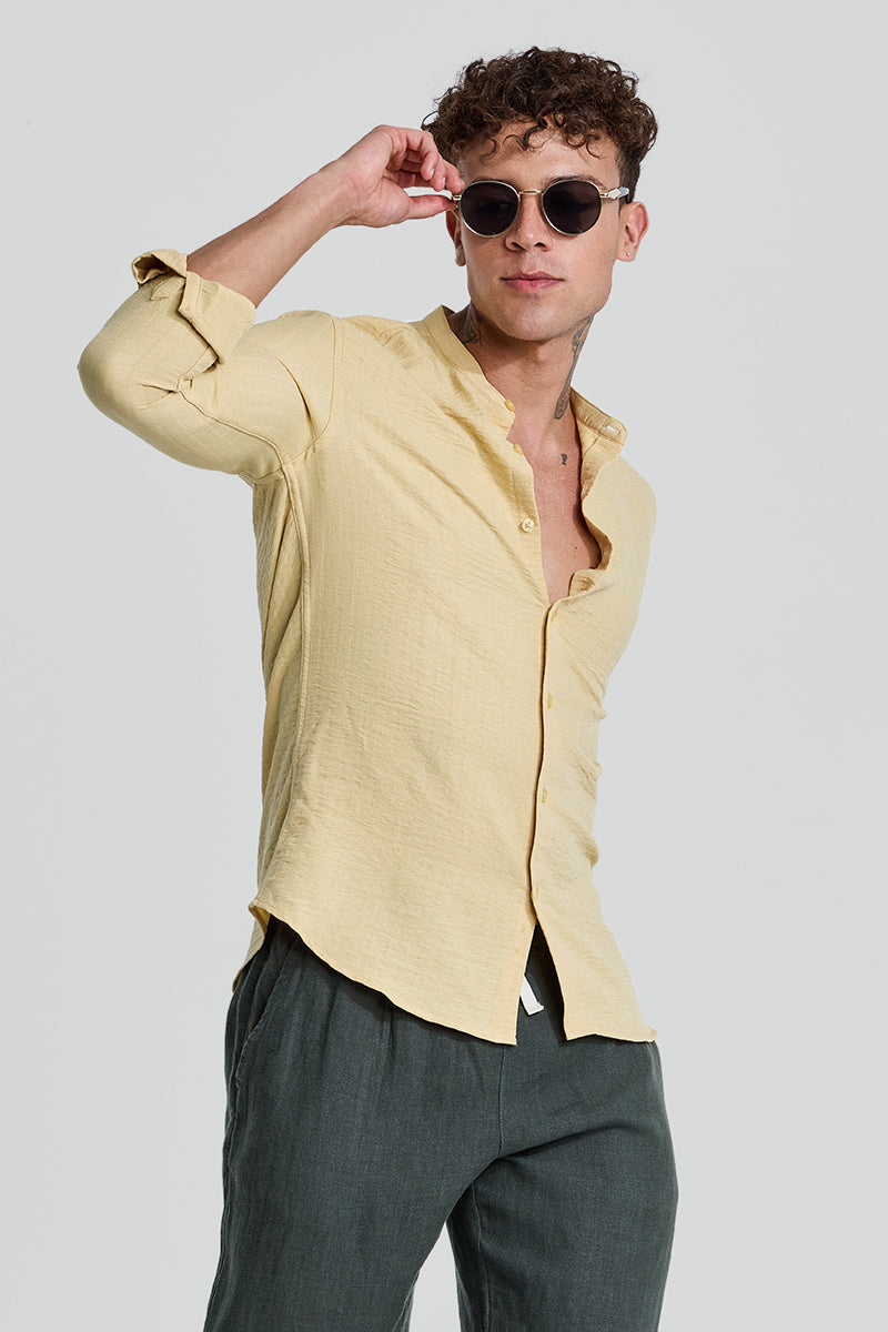 Yellow Mandarin Self Stripe Shirt