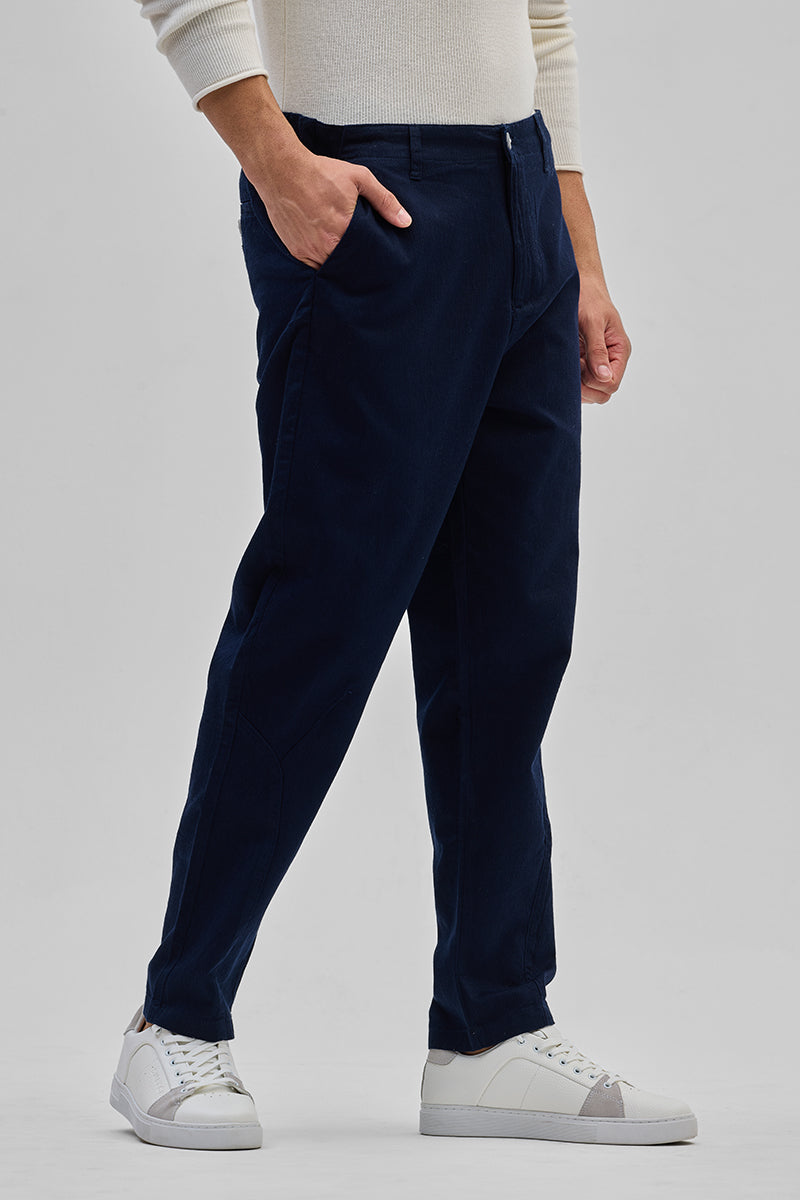 Navy Textured Relaxed Fit Trousers