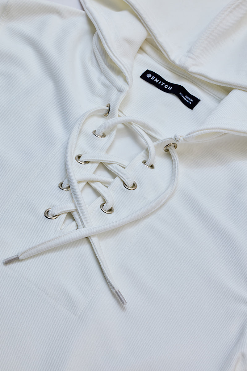 White Lace-Up Textured Hoodie