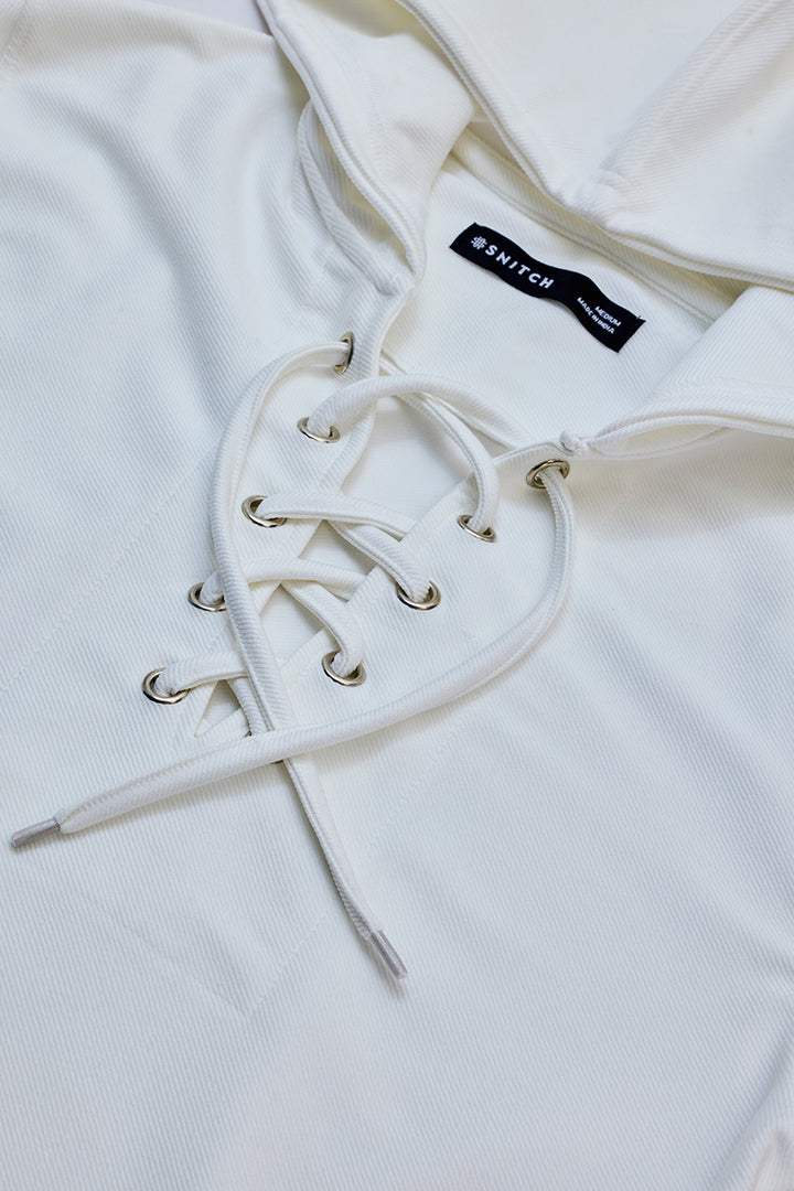 White Lace-Up Textured Hoodie