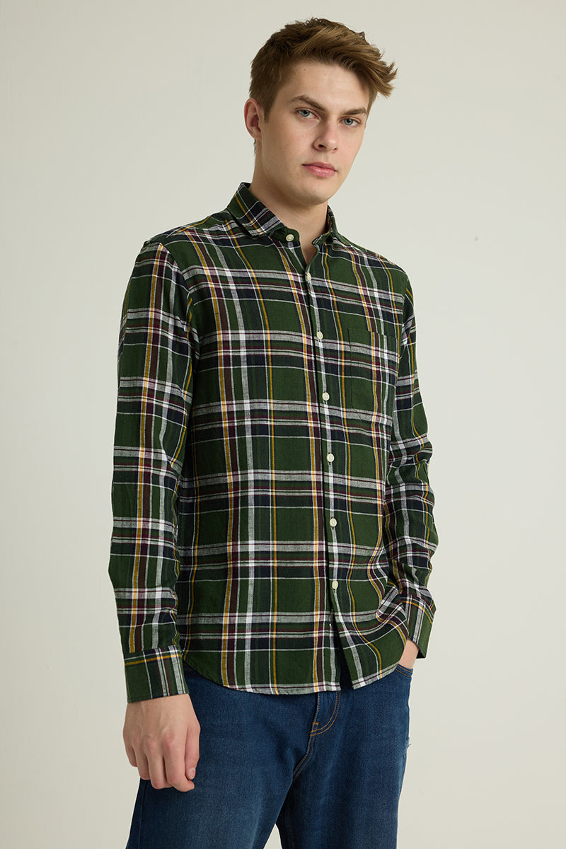 Dark Green Checks Linen Shirt