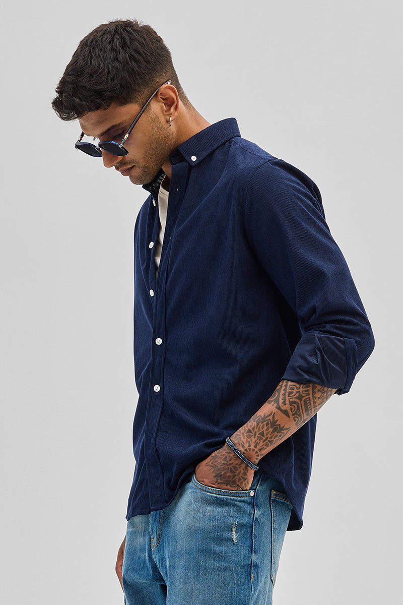 Dark Blue Slim Fit Corduroy Shirt