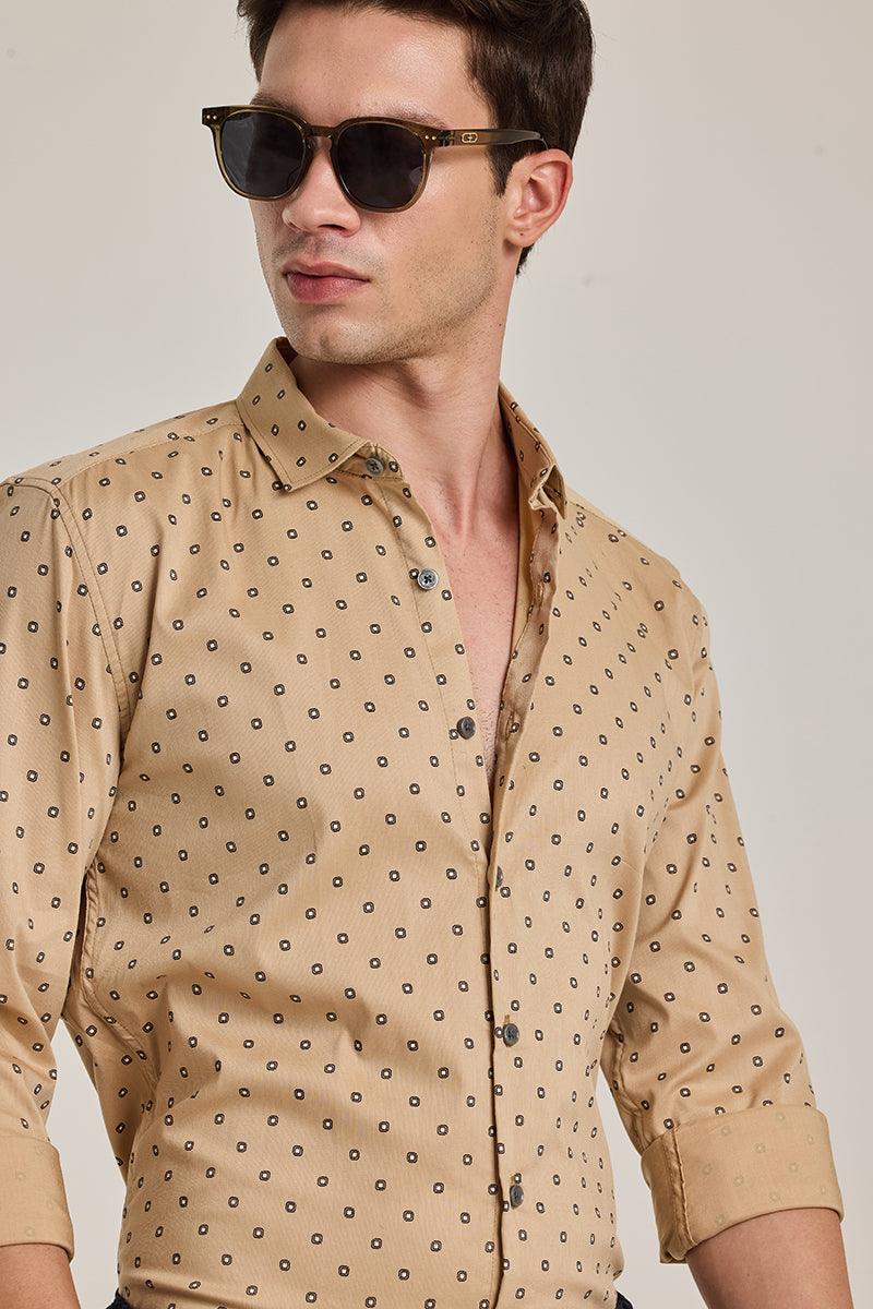 Beige Geometric Slim Fit Shirt