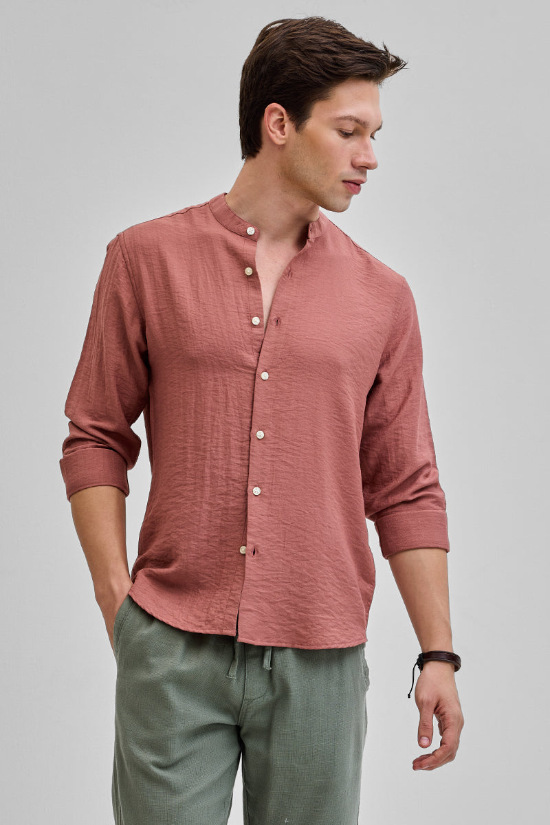 Coral Mandarin Linen Blend Shirt