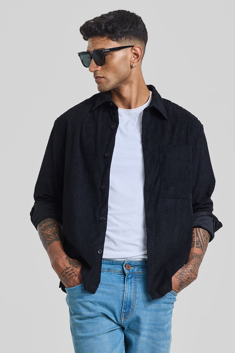 Black Textured Corduroy Overshirt