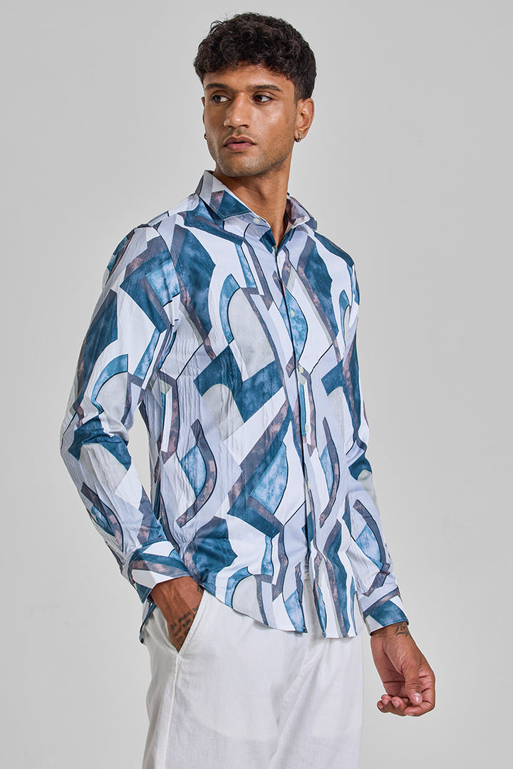 Teal Abstract Slim Fit Shirt