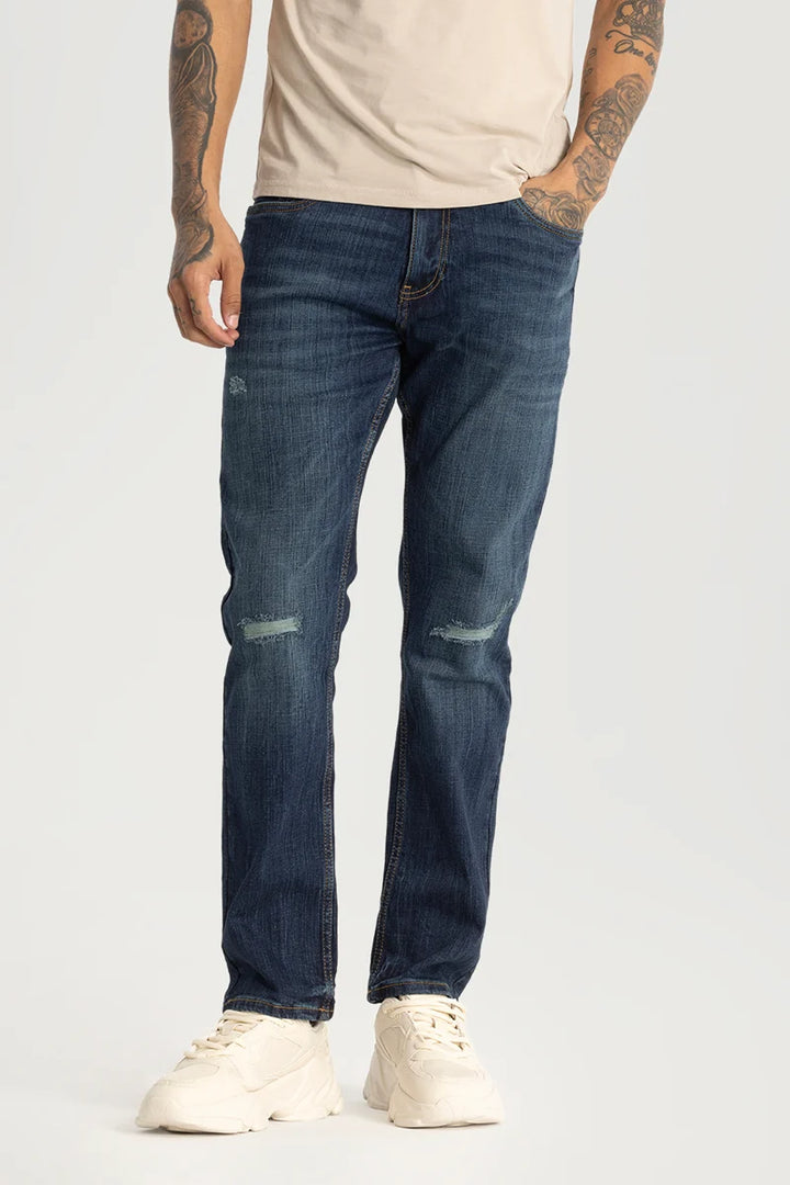 Navy Distressed Regular Fit Jeans