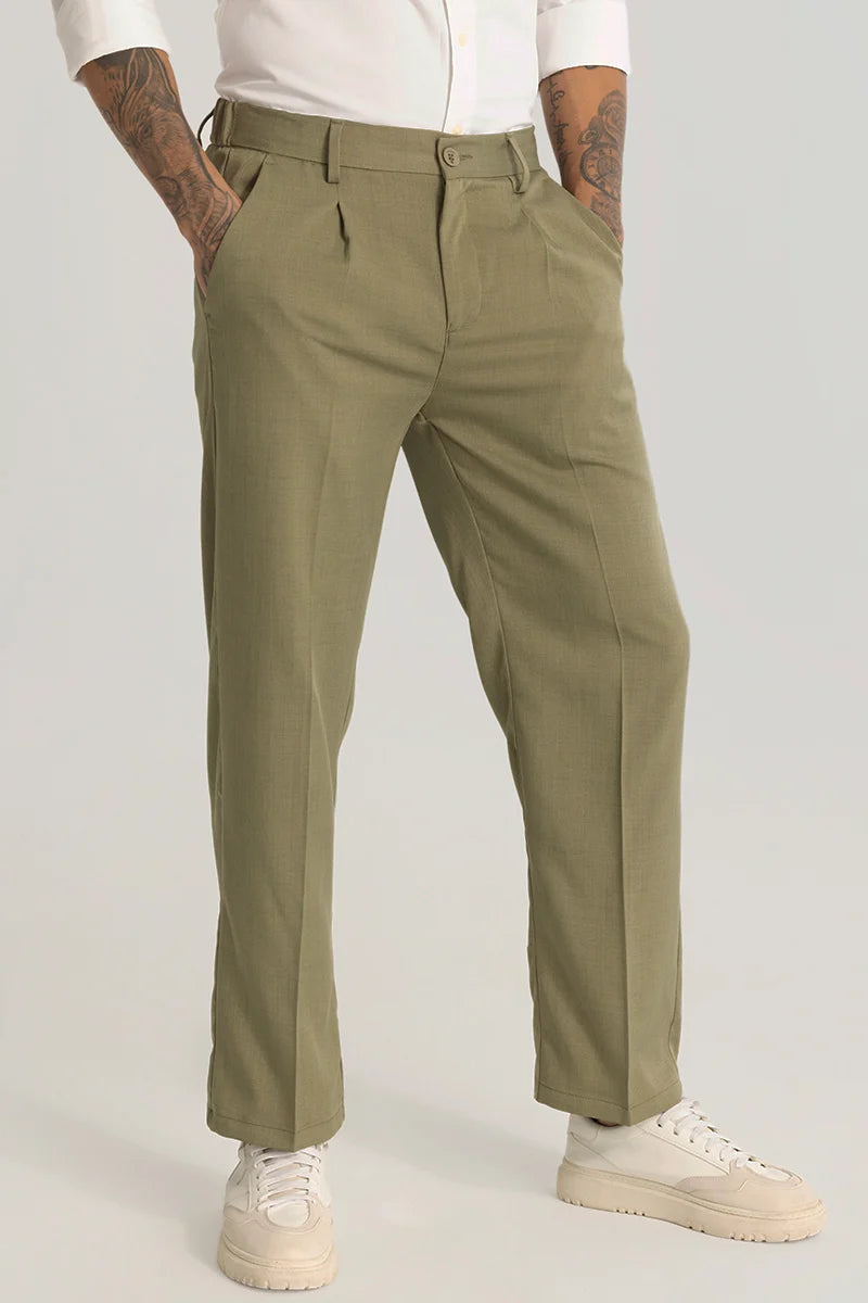 Olive Plain Relaxed Fit Trousers