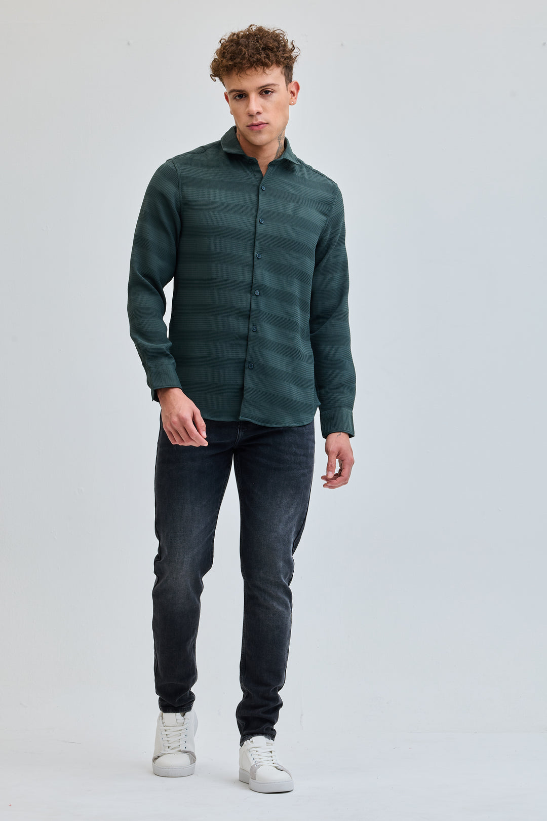 Green Textured Slim Fit Shirt