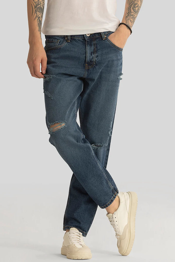 Vault Navy Distressed Baggy Fit Jeans