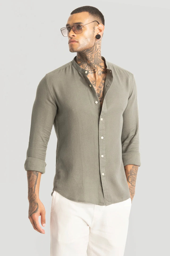 Olive Woven Mandarin Shirt