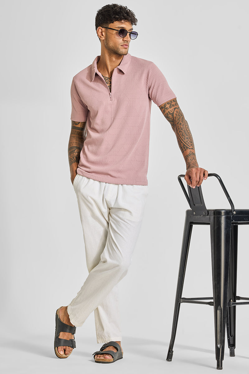 Light Pink Zipper Textured Polo T-Shirt