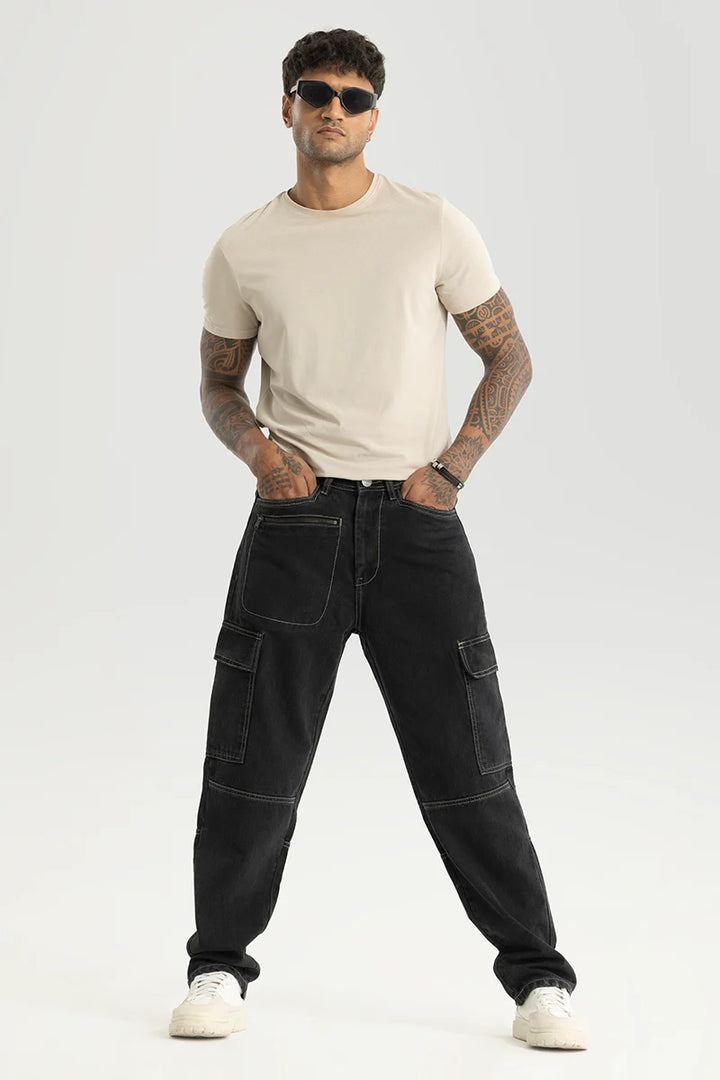 Empyrean Black Plain Straight Fit Cargo Jeans