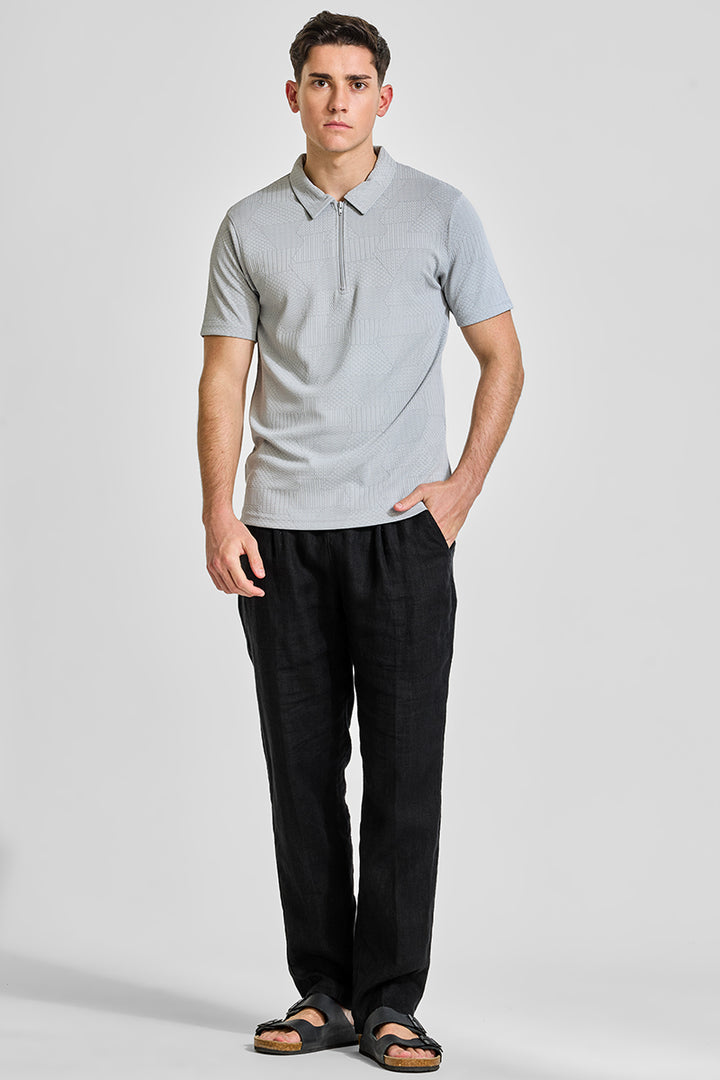 Grey Zipper Textured Polo T-Shirt